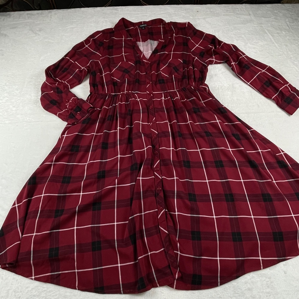Torrid Red Black Plaid Button Front Empire Waist Shirt Dress Size 0 L XL